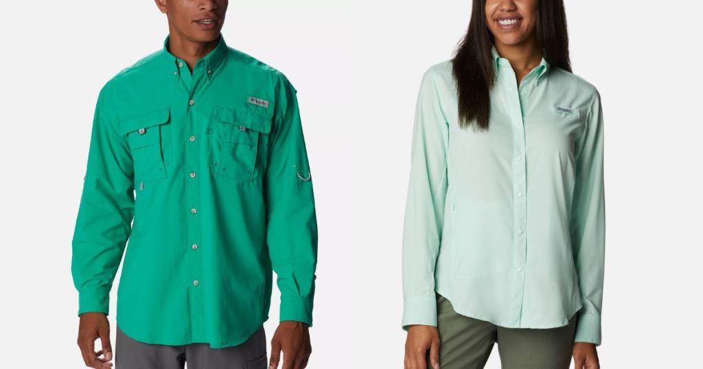 man wearing green button up long sleeve shirt and woman wearing mint green button up long sleeve shirt