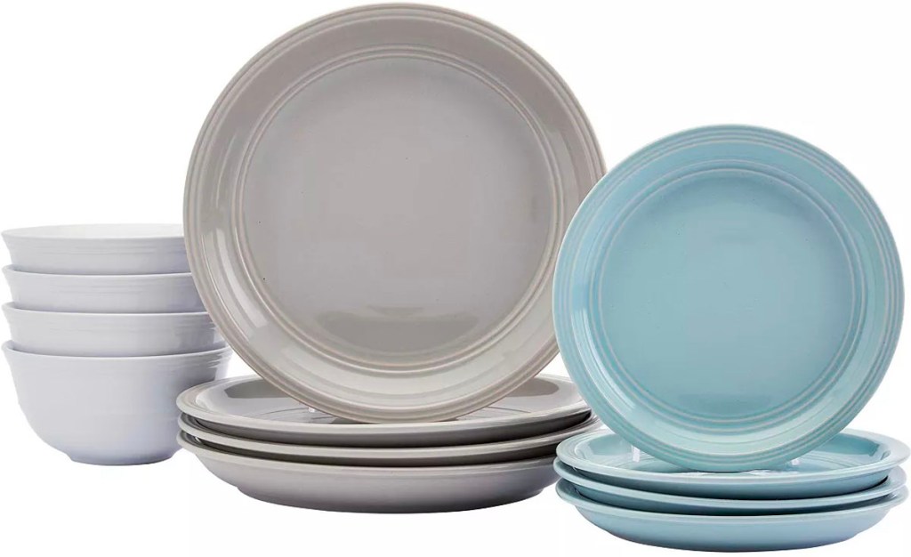 white, gray and blue dinnerware 12 piece set