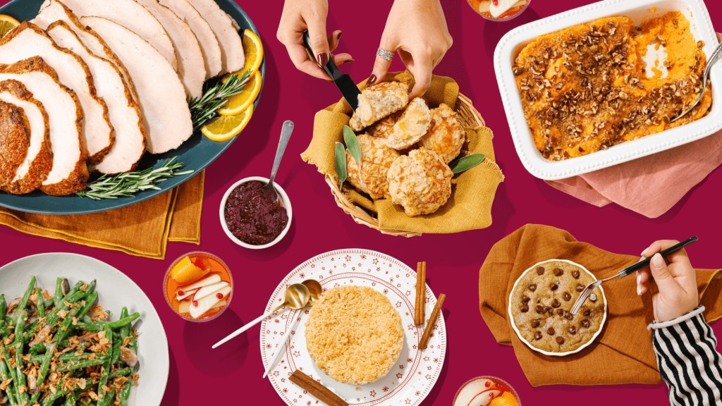 Thanksgiving dinner on a red tablecloth