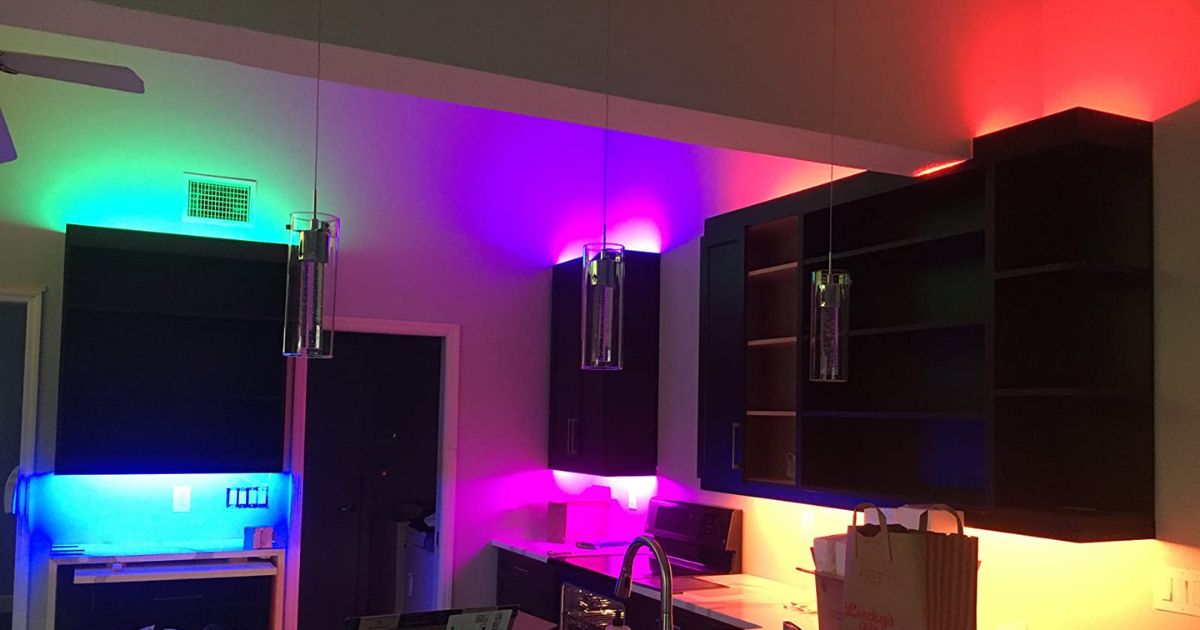 illuminated kasa light strip in use in kitchen