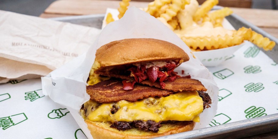 shake shack burger and fries on tray 