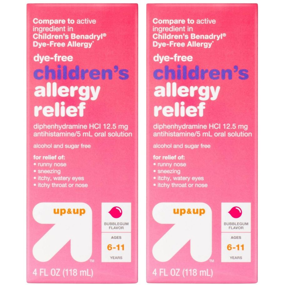 two boxes containing bottle of childrens allergy relief liquid medicine