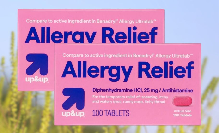 two boxes of 100 count Up & Up allergy relief pills