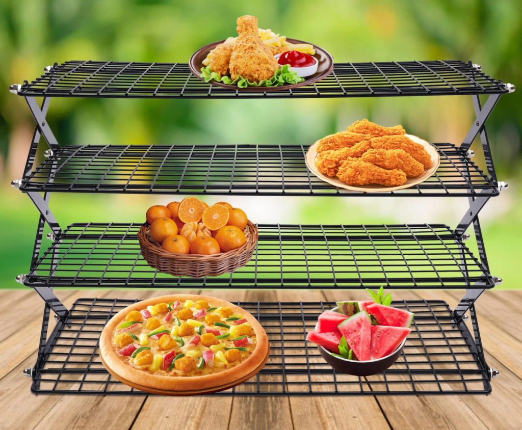 a foldable iron camping rack being used as a cooling rack for food