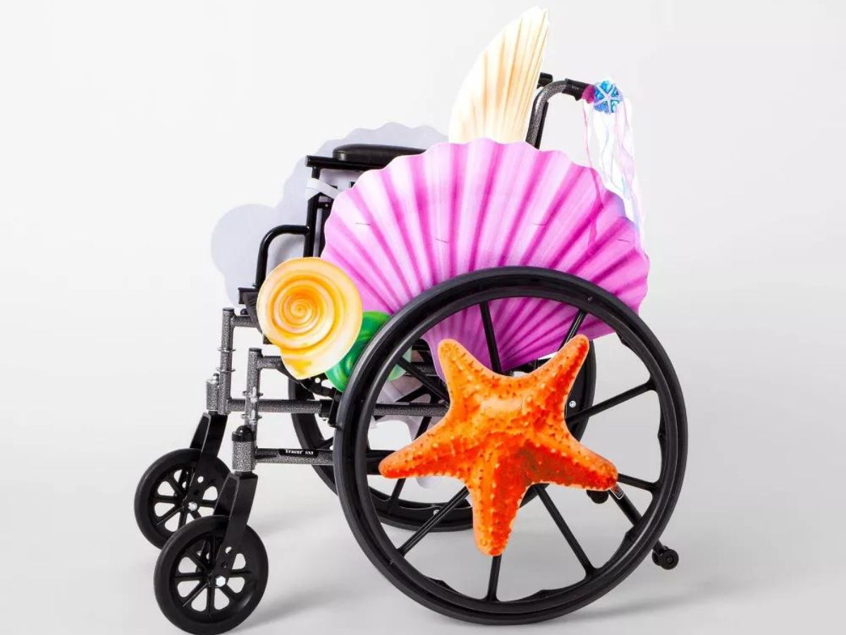 seashell mermaid costume on wheelchair