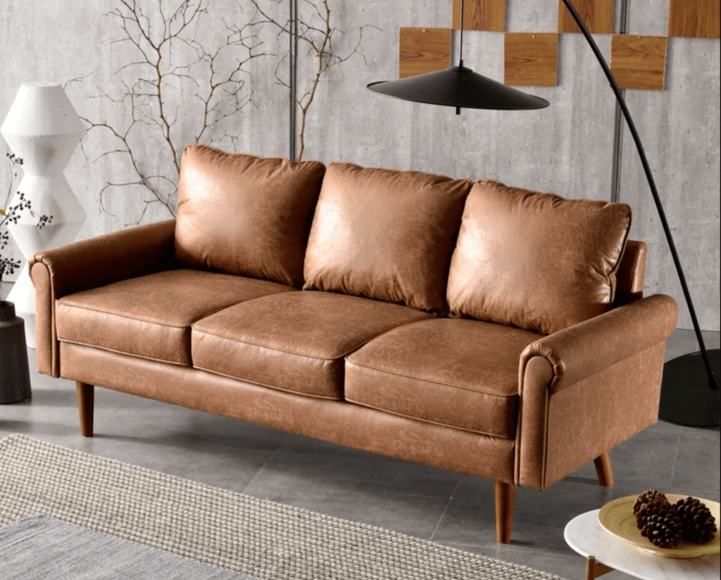 a living room with an Ainsley vegan leather sofa from Wayfair