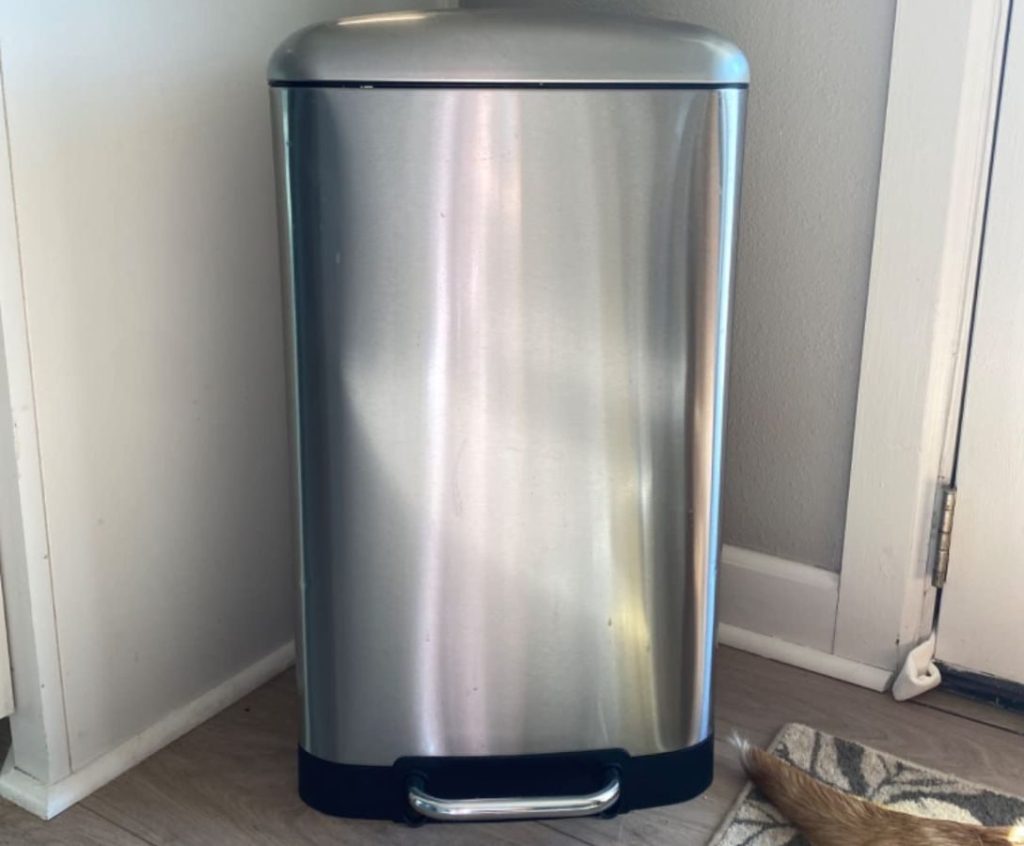 An Amazon Basics Trash Can