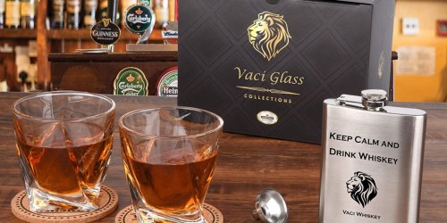 Crystal Whiskey Glass Set Just $15 on Amazon (Includes Free Flask & Coasters)