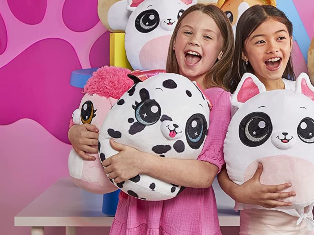 2 girls hugging Coco Suprise 12" Dalmation Squishies