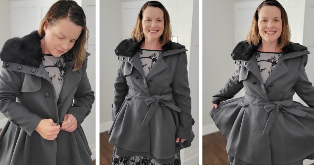 three side by side images of a woman wearing a faux fur coat