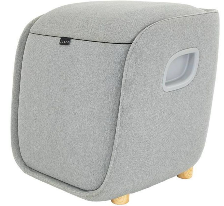 a light grey square massage ottoman