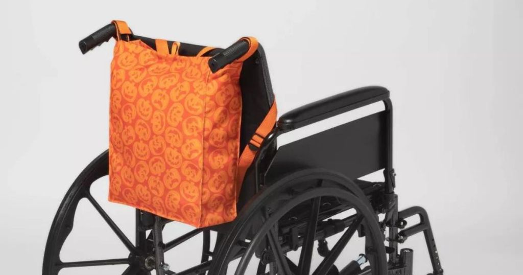 pumpkin backpack on wheelchair