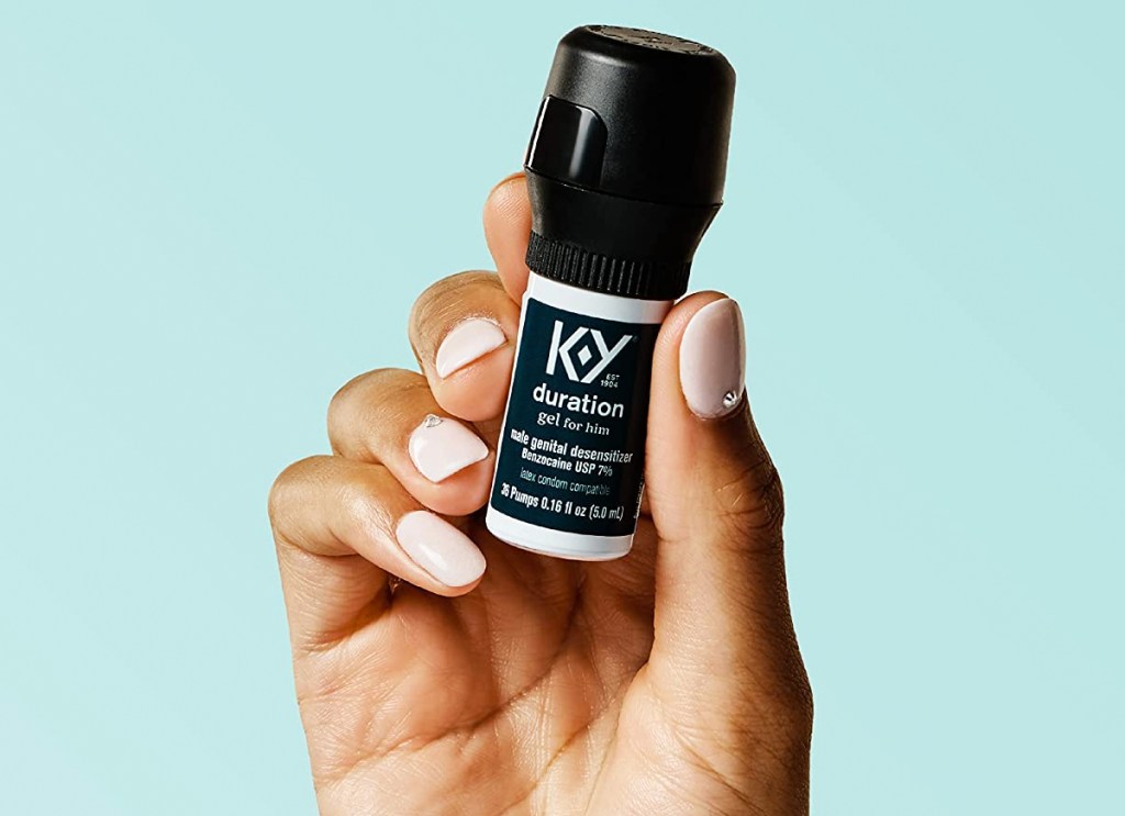 hand holding bottle of K-Y Duration Gel