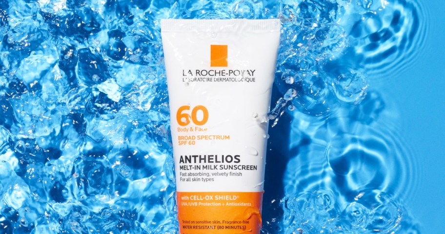 bottle of La Roche-Posay Anthelios Melt-In Milk Sunscreen in water