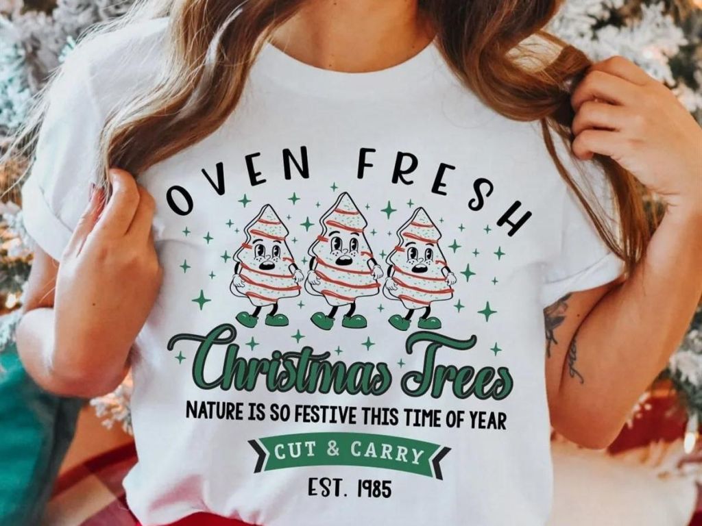 woman wearing Little Debby Christmas Trees Tee