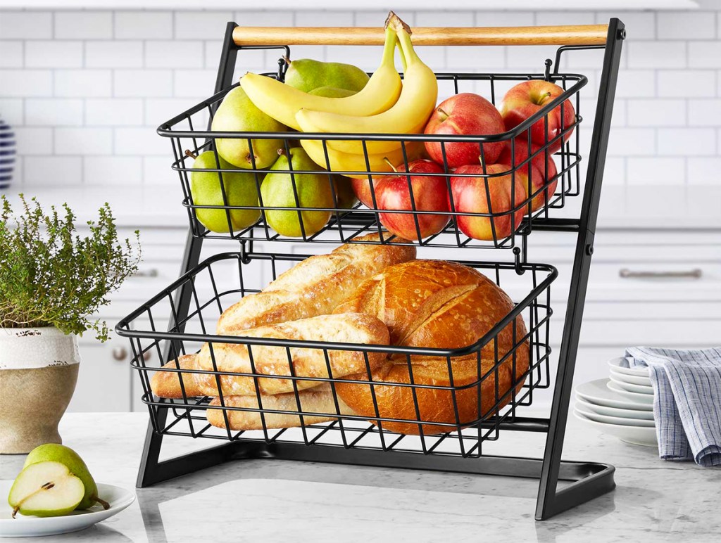 fruit and bread in baskets of 2-Tier Snack Stand