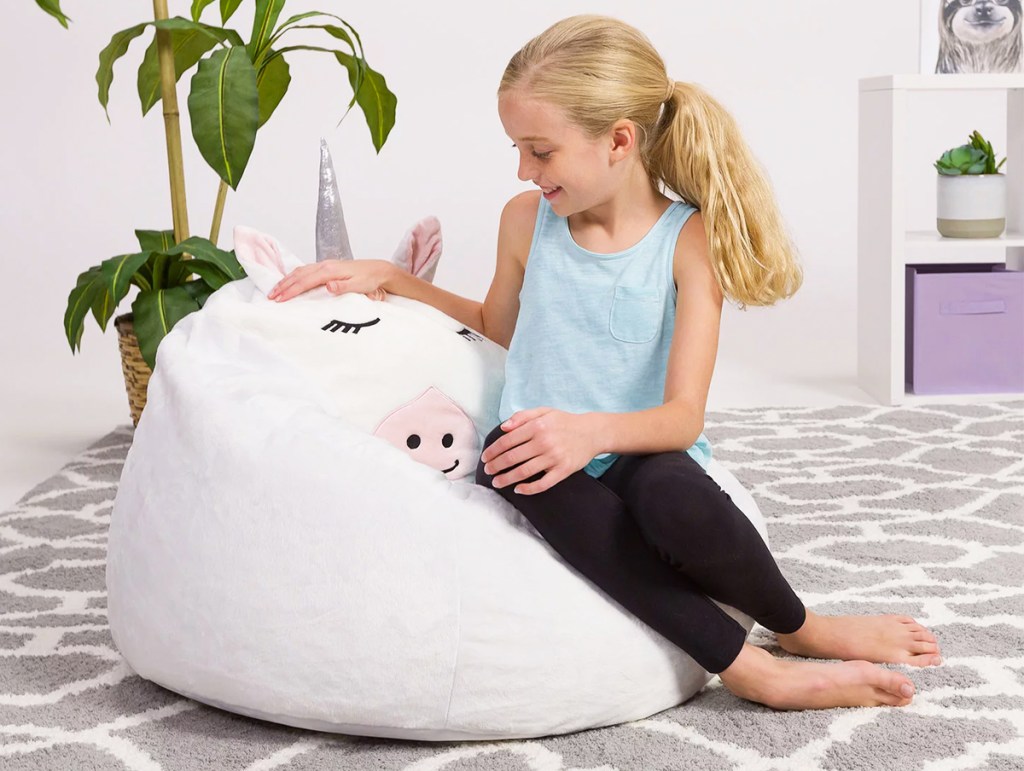 girl on unicorn bean bag chair