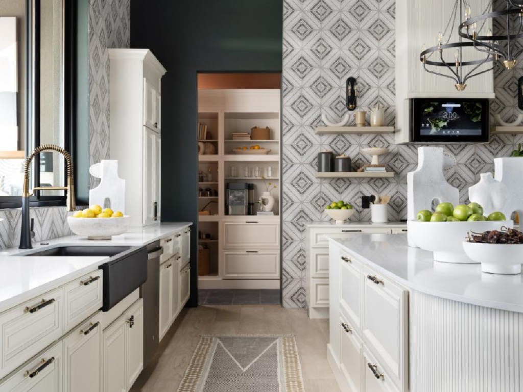The white and geometric pattern in the kitchen of the HGTV Smart Home Dream home Giveaway in santa fe, new mexico