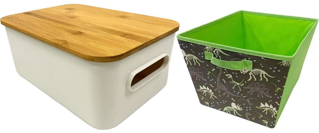 white storage bin with bamboo lid and gree dinosaur skeleton bin