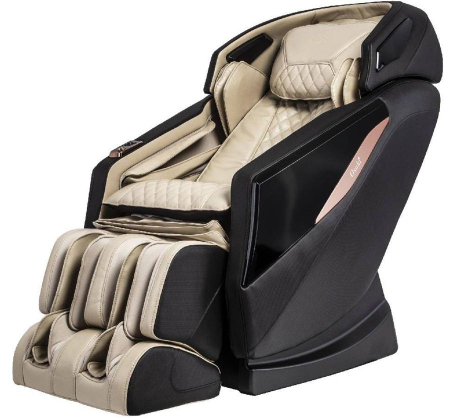 a dark brown and taupe full body massage chair