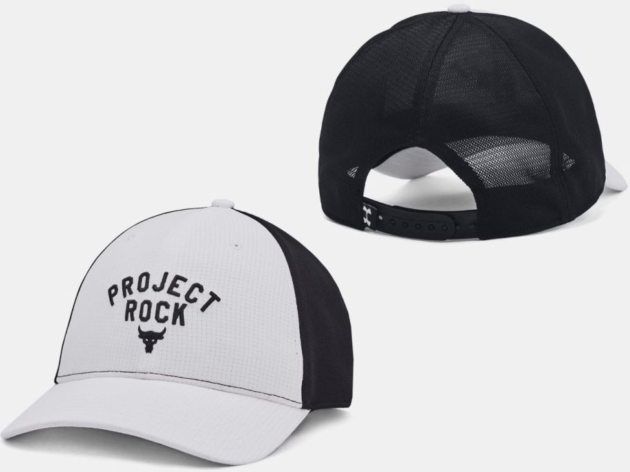 Stock images of the front and back of an Under Armour Project Rock Men's Trucker Hat