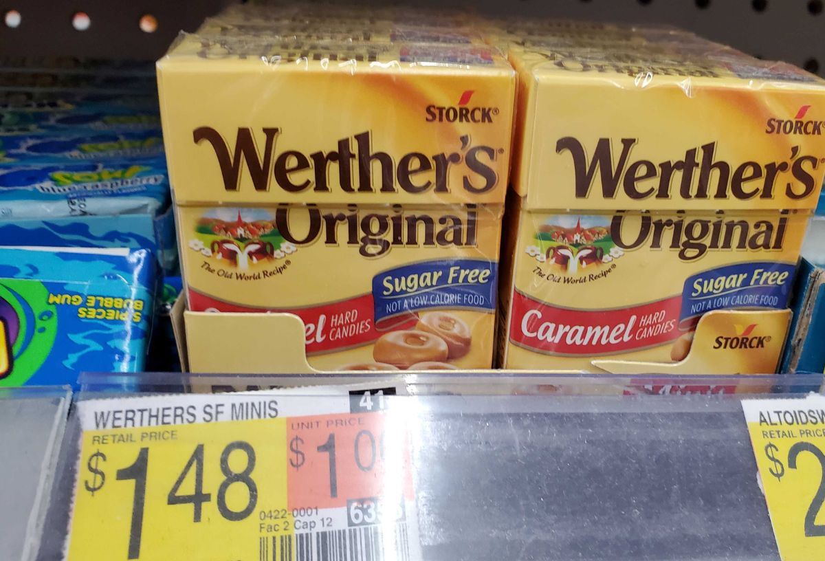Werthers sugar free caramels on a store shelf at walmart
