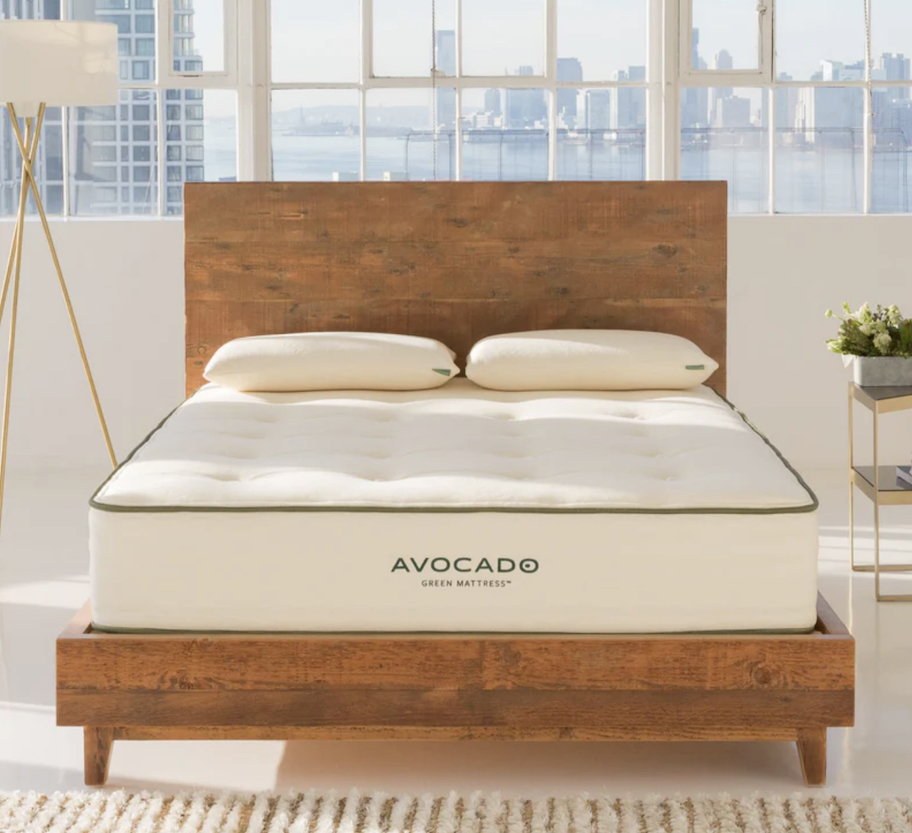 avocado green mattress on wood bedframe in bright lit room