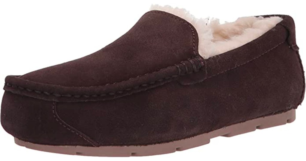 brown slippers with white fuzzy insoles