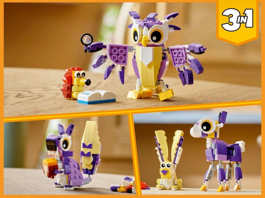 lego creator fantasy forest creatures set shown in various build arrangements