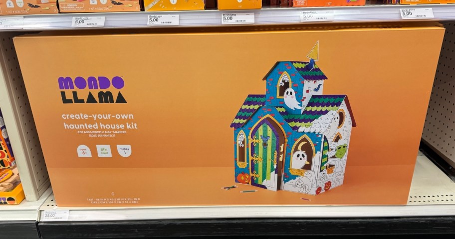 large create your own Halloween Haunted House kit in an orange box on a store shelf