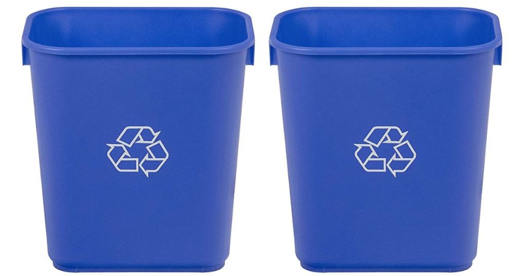 2 blue wastebaskets