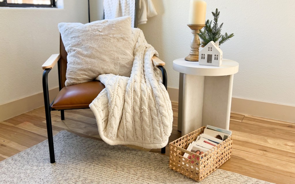 chair with pillow next to table