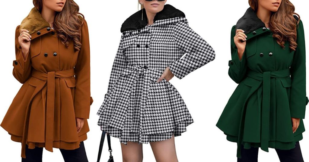 woman wearing brown coat, women's wearing houndstooth coat, woman wearing green coat