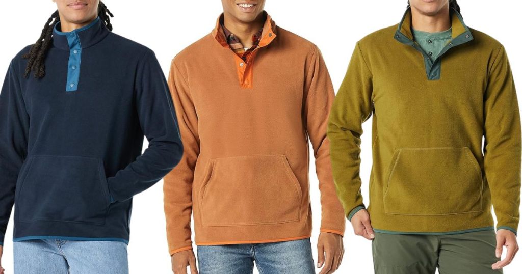 men wearing blue, orange, and green snap up front pullover jacket