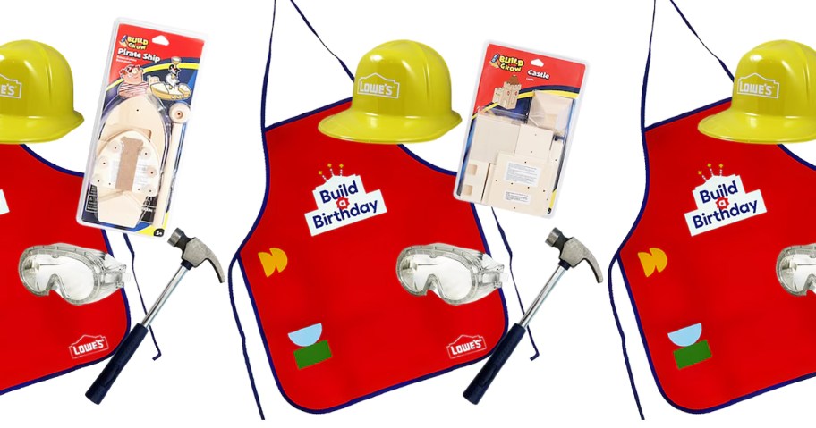 kids red apron, goggles, hammer, hard hat, and wood building kit sets