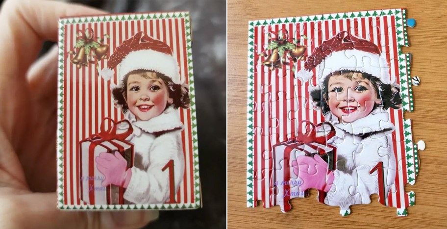 person holding box to puzzle advent calendar and completed puzzle next to it