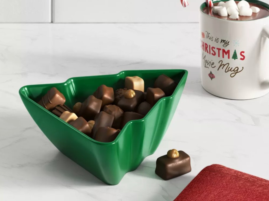 Christmas Tree Bowl on counter filled with chocolates