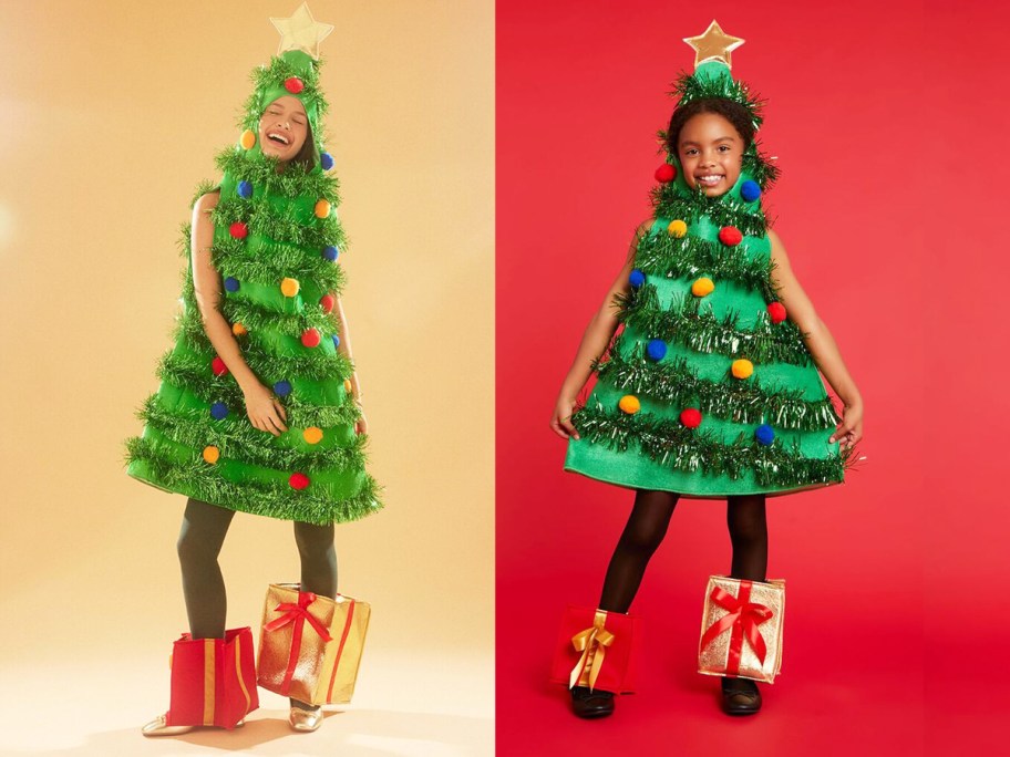 woman and girl in christmas tree dresses