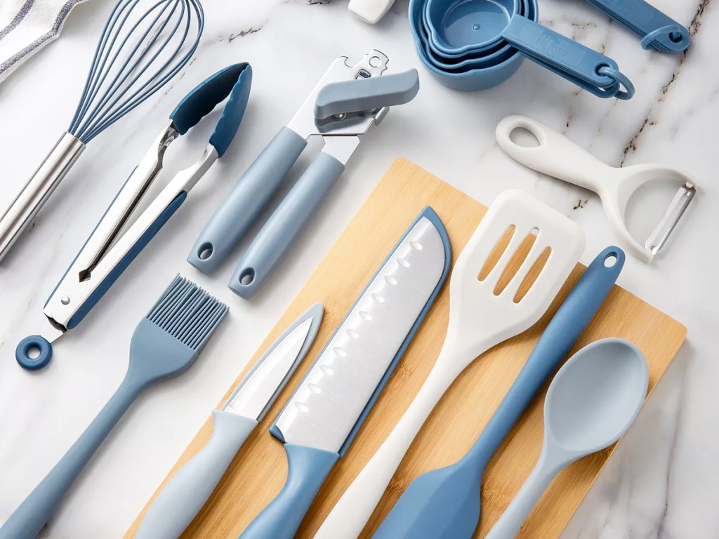 blue kitchen gadgets on kitchen counter