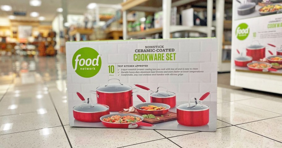 food network cookware set box in aisle of store