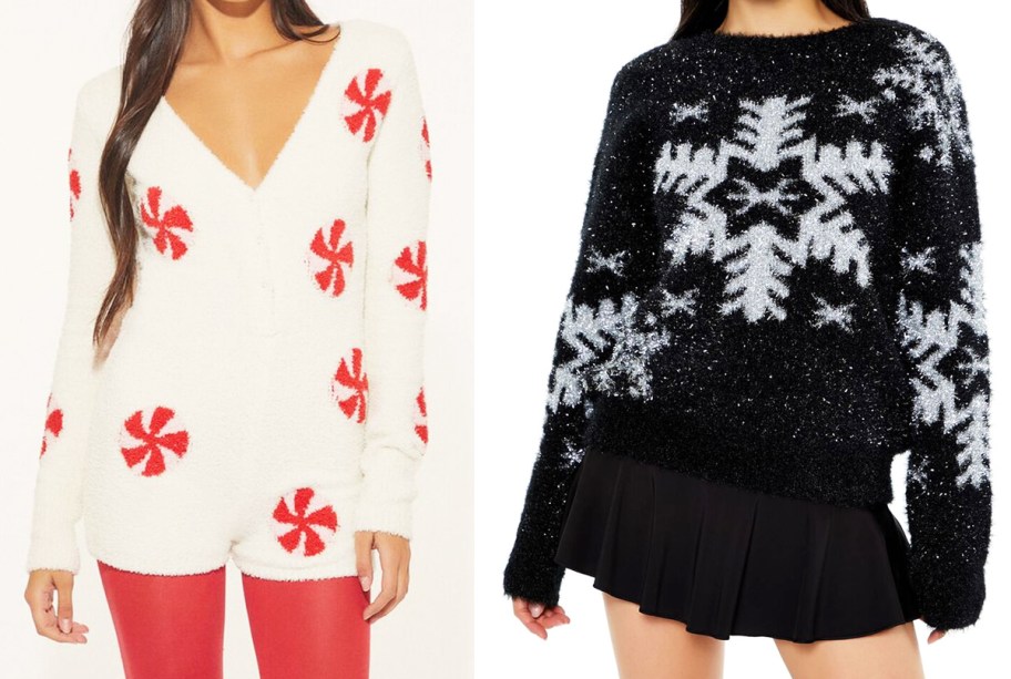 two women in peppermint and snowflake sweaters