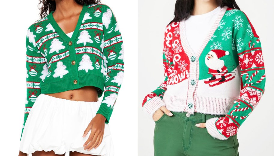 two women in christmas cardigan sweaters