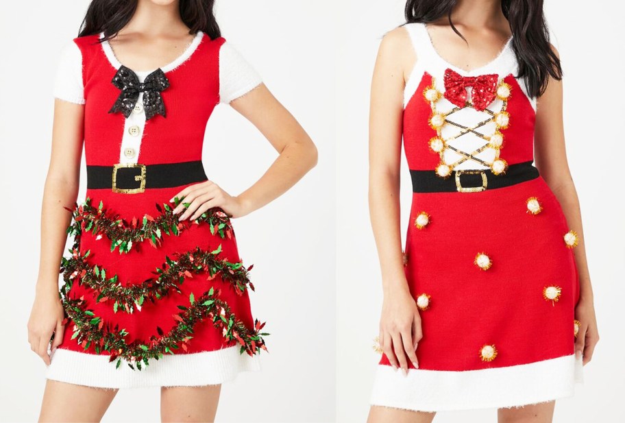 two women in red christmas mini dresses