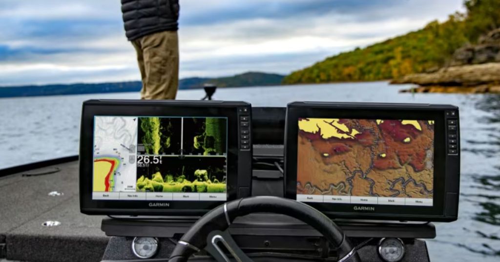 Garmin ECHOMAP Ultra Fishfinder with a man fishing in the background 