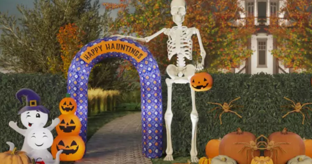 Happy Haunting sign with giant skeleton