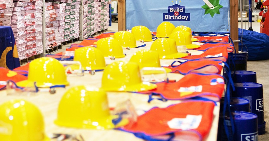 kids aprons, hard hats, goggles, and building kits laid out on a table
