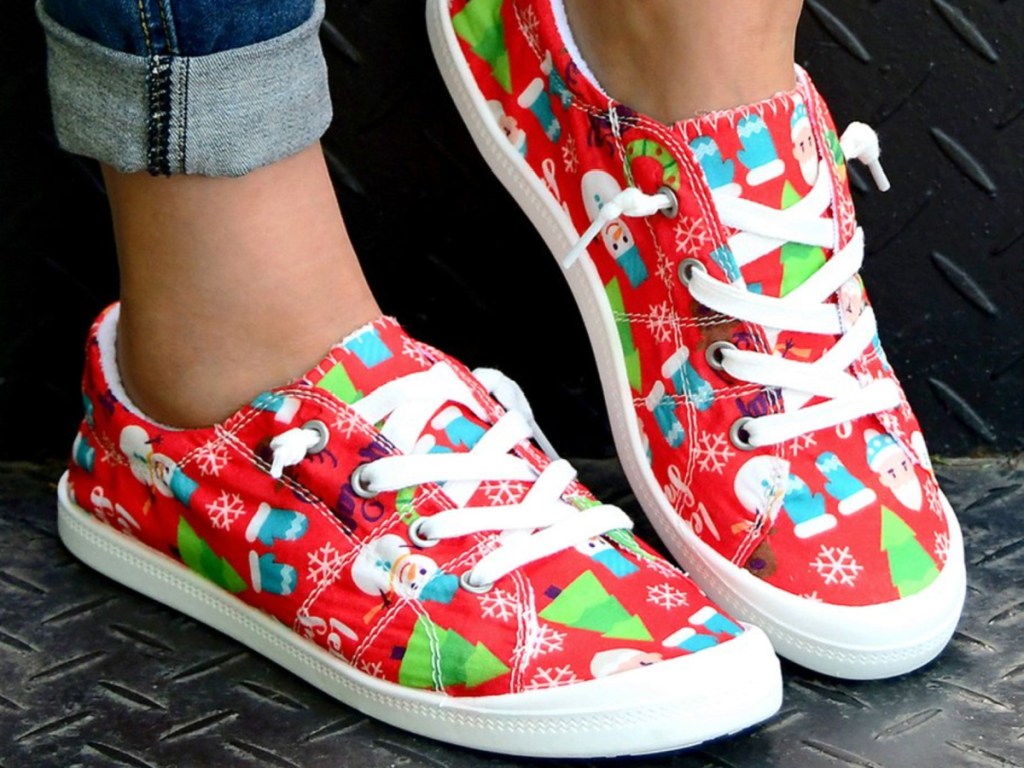 woman wearing Red Snowman Sneaker