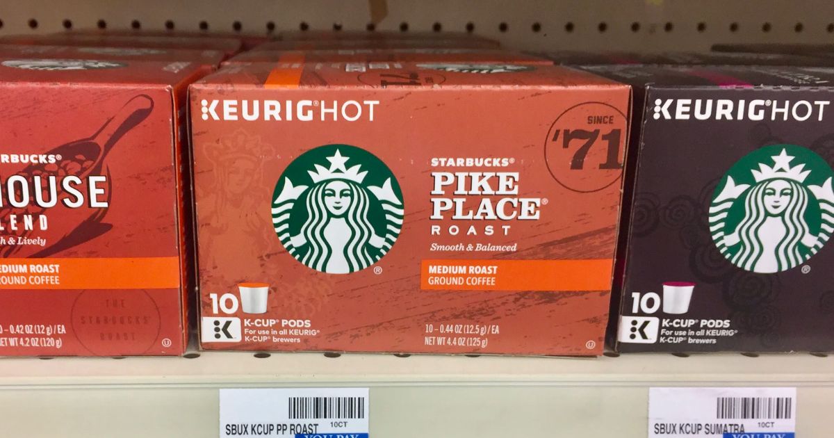 Starbucks k-cups on a shelf at cvs