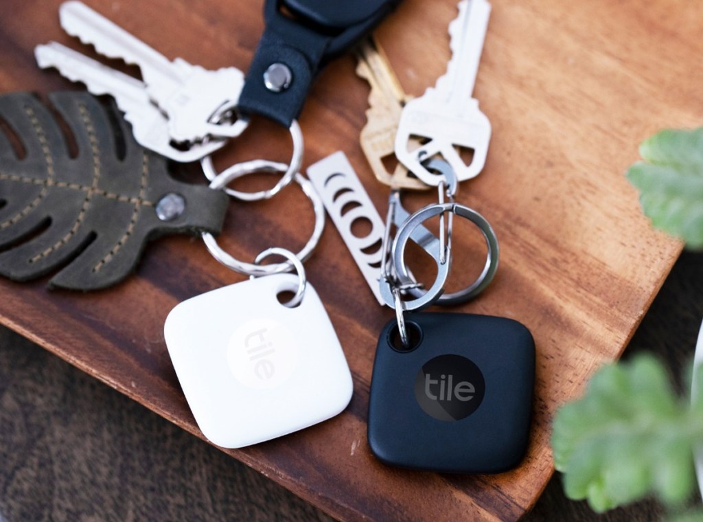 keys with black and white tile trackers