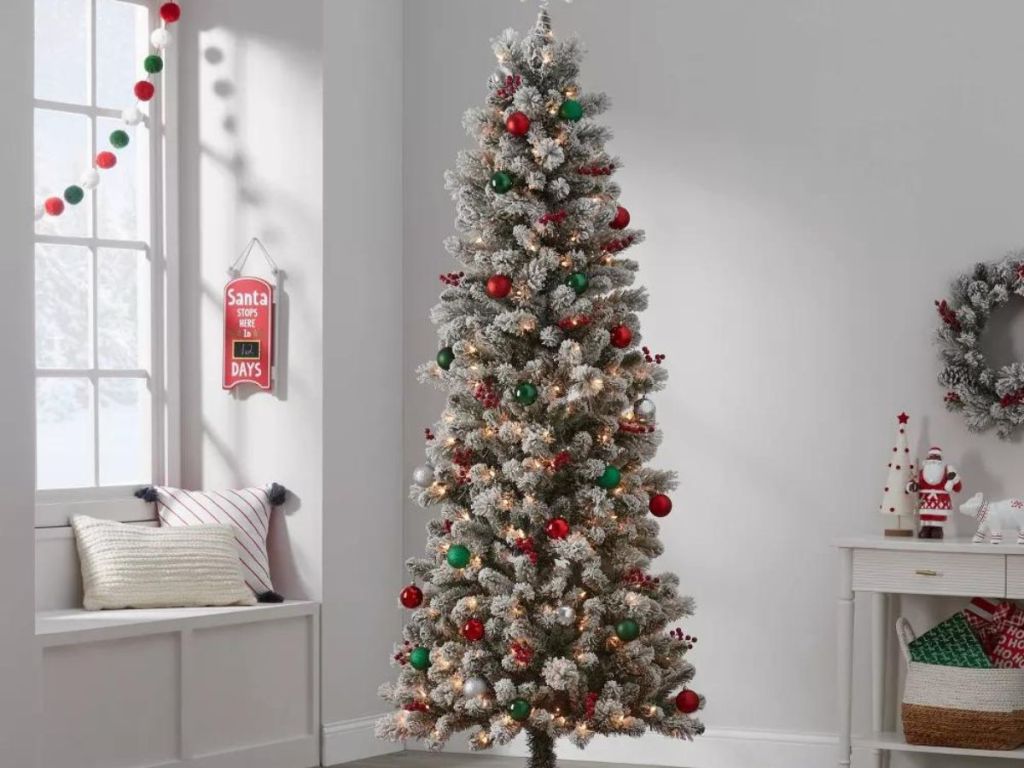 Wondershop 7' Pre-Lit Slim Flocked Virginia Pine Hinged Artificial Christmas Tree w/ Red Berries Clear Lights